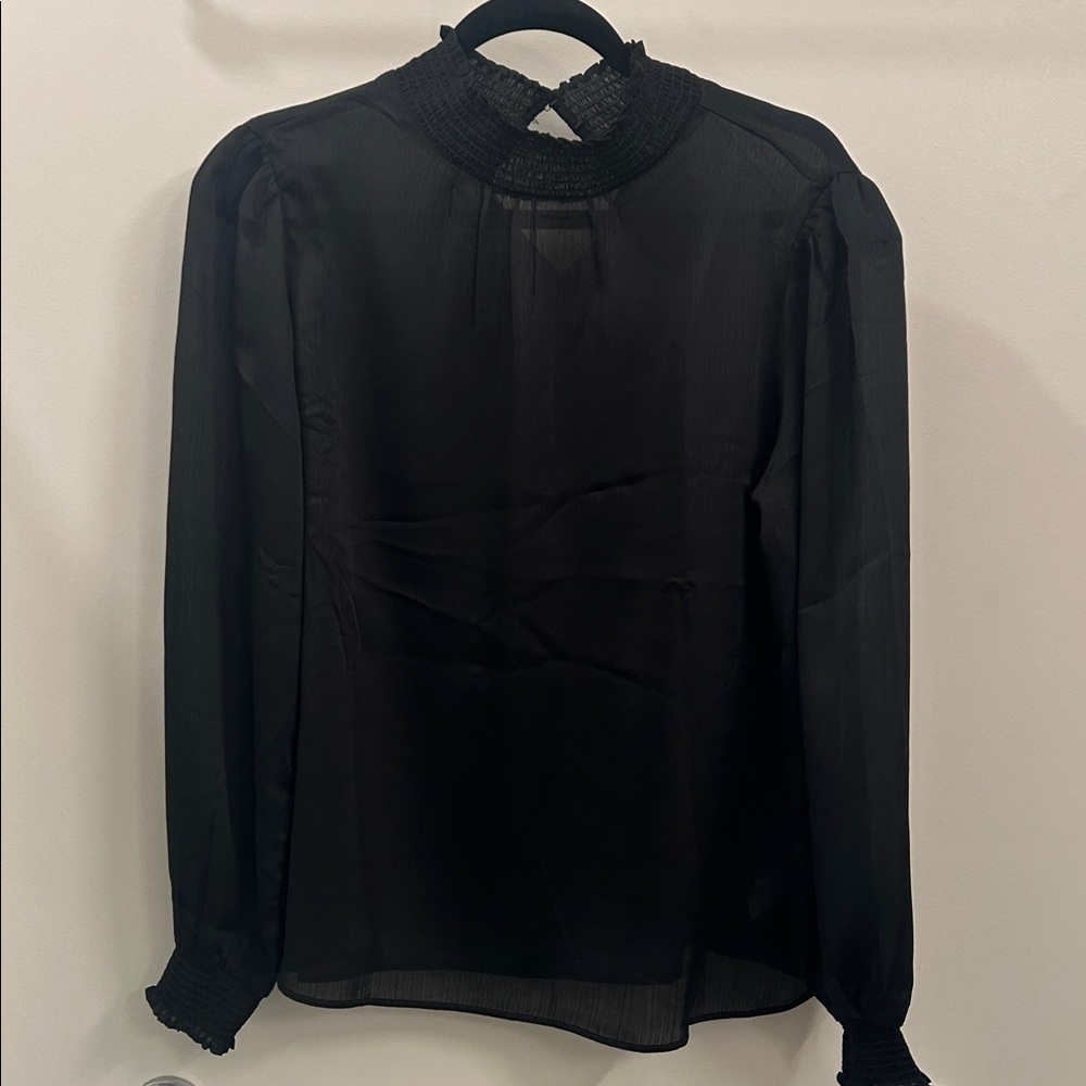 Express Black Sheer Smocked-Neck Long Sleeve Blouse